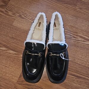 Sam Edelman Black Patent Loafers with Cream Fur Trim